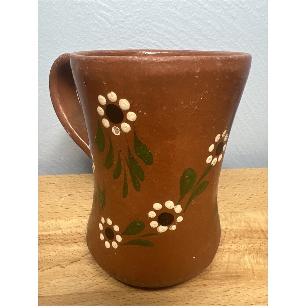 Handmade Hand-Painted Distressed Mexican Pottery Mug Floral Mexican Redware Clay